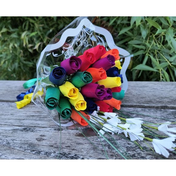 1 Doz Autism Aware Rainbow Wooden Roses Flower Bouquet. The Original Wooden Rose - Picture 5 of 8